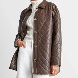 Chocolate Brown Vegan Quilted Oversized Leather Jacket NWT - (L) Who What Wear